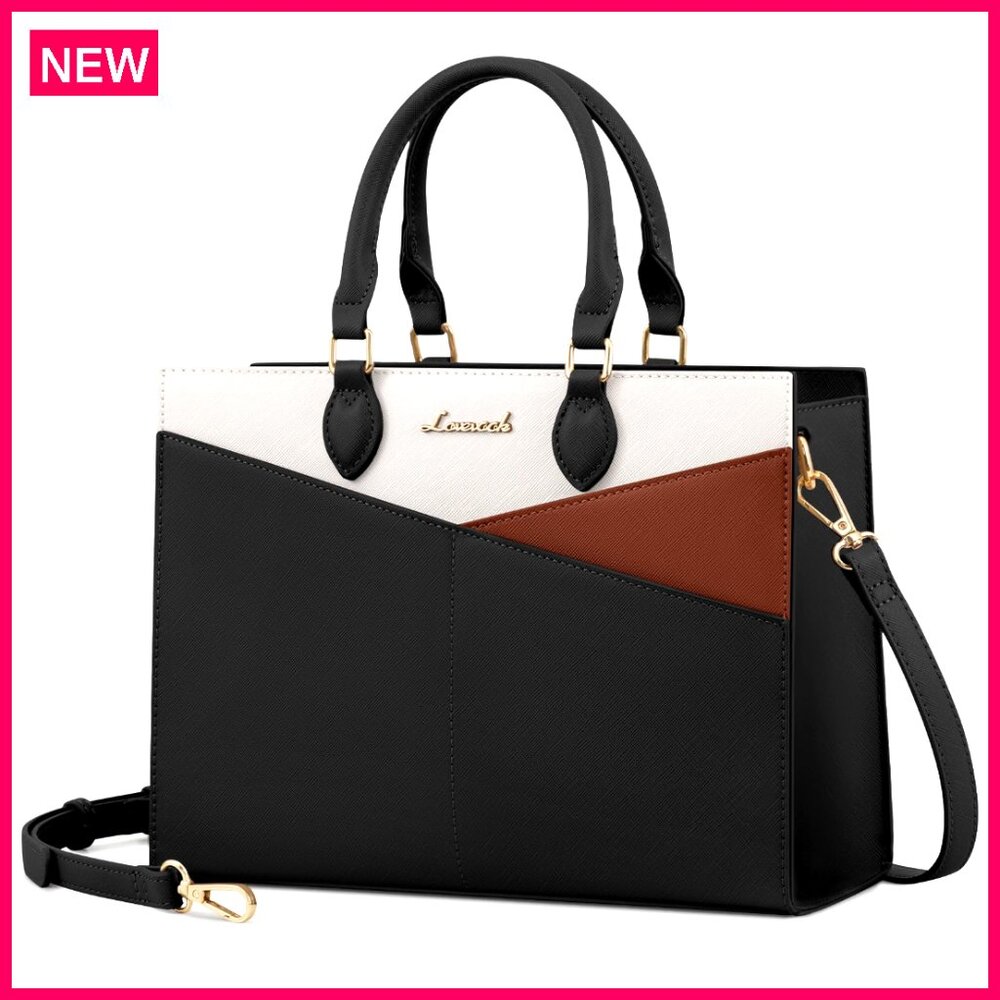 Black Pu Leather Satchel Tote Bag With Adjustable Strap, Multiple Pockets